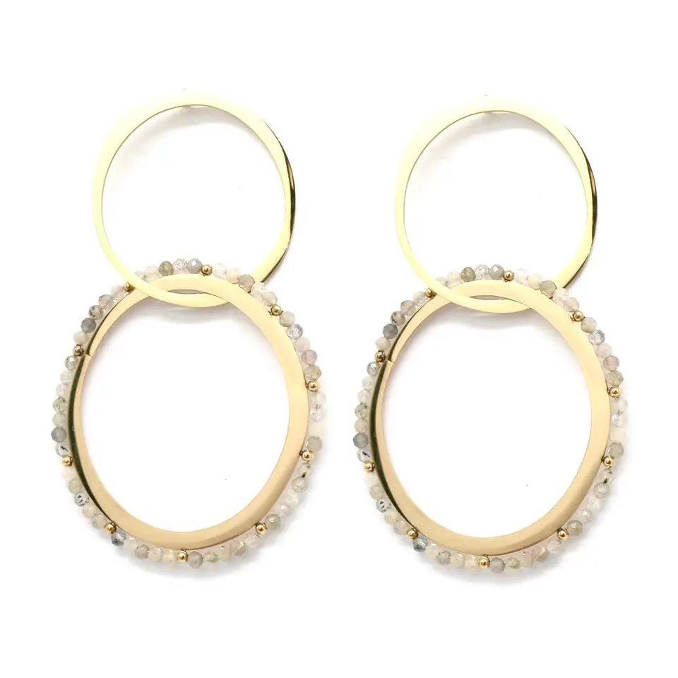 Boucles d’oreilles double anneaux en acier inoxydable doré et pierres naturelles labradorite