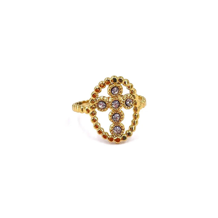 Bague Madone en acier inoxydable doré composée d'un anneau ovale avec une croix ornée de strass blancs
