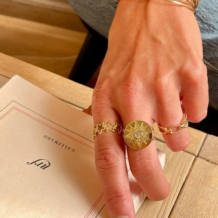 Bague ajustable en acier inoxydable composée d'un motif de plusieurs étoiles accolée portée au doigt