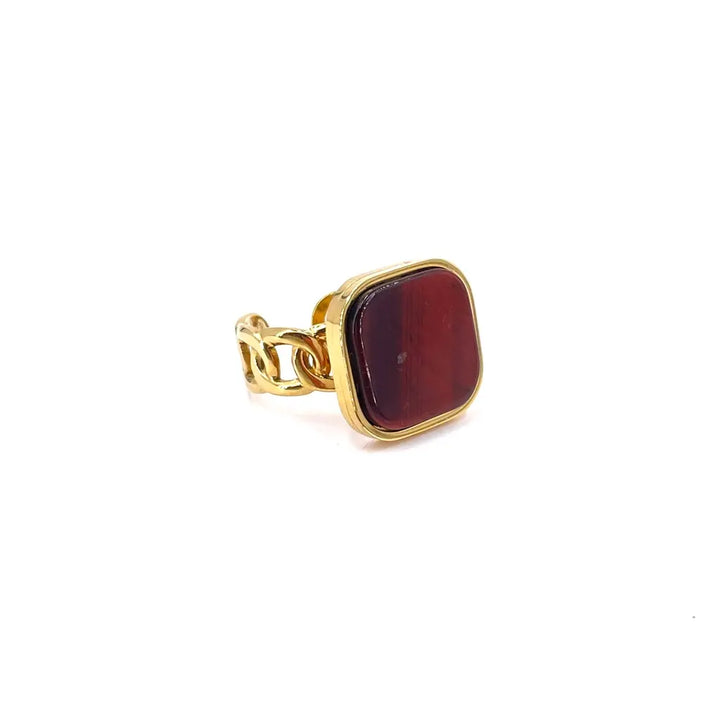 Bague maille gourmette en acier inoxydable doré orné d'une pièce carrée sertie d’une pierre naturelle