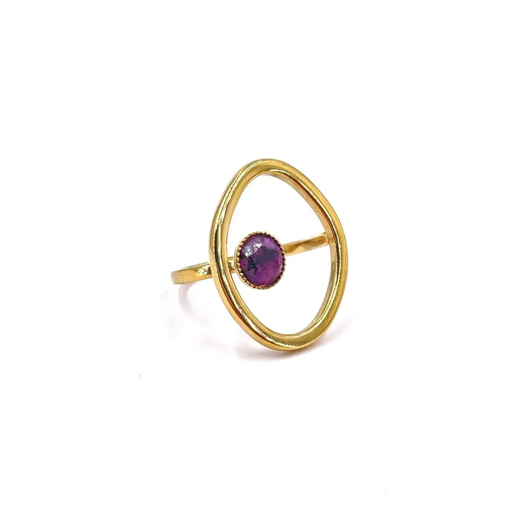 Bague ajustable ouverte en acier inoxydable ornée d'une pierre naturelle violette