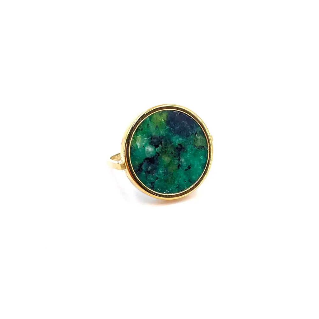 Bague pierre ronde en acier inoxydable doré ornée d'une pièce ronde sertie d'une pierre naturelle turquoise africaine