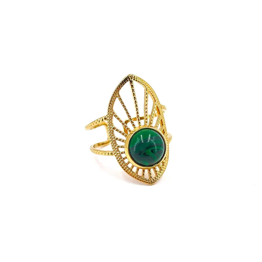 Bague en acier inoxydable ovale ajourée sertie d’une malachite