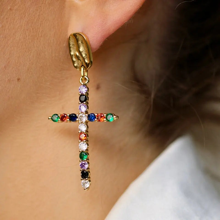 Boucles d'oreilles Croix Strass Multicolores EYDEN 2