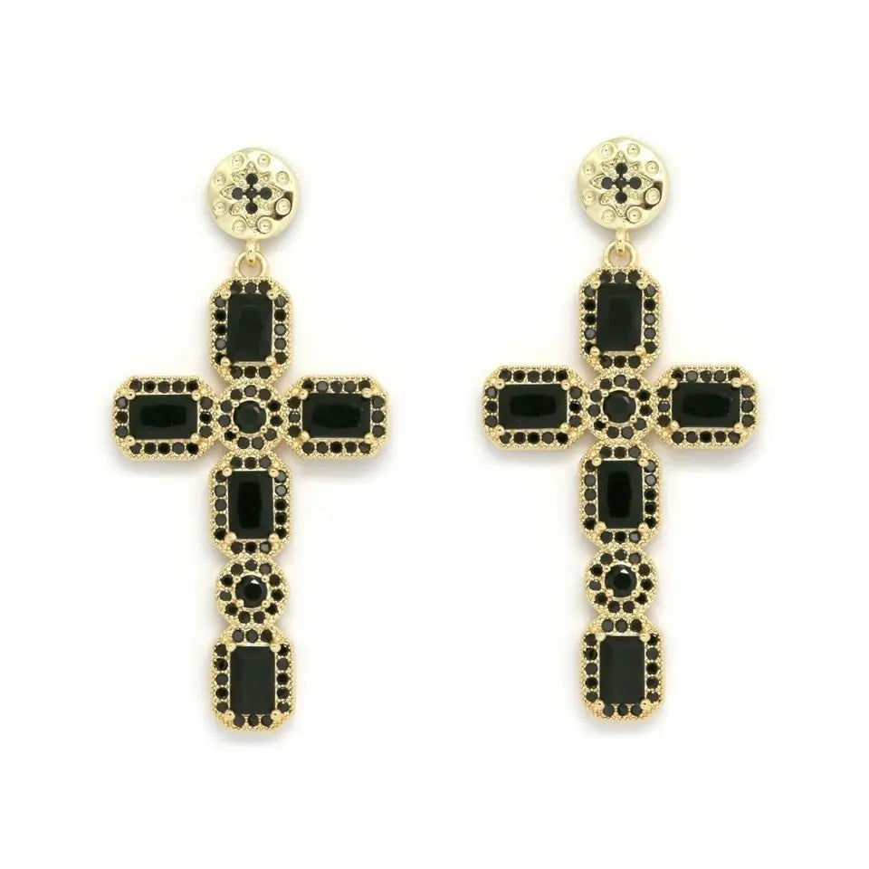 Boucles d'Oreilles Croix Strass noir NOE