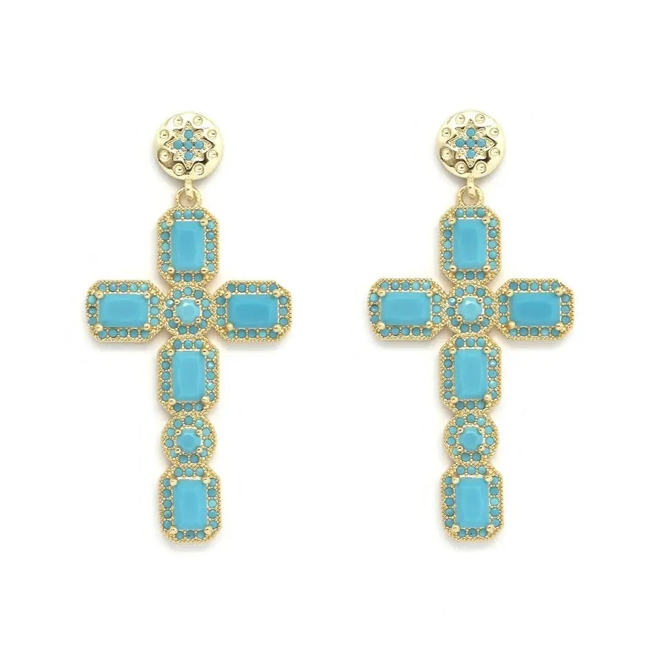 Boucles d'Oreilles Croix Strass turquoise NOE 