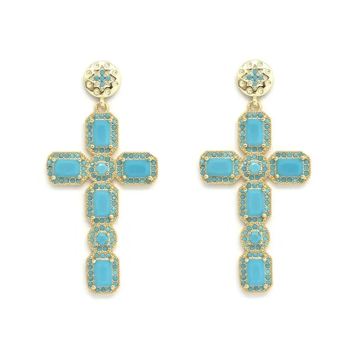 Boucles d'Oreilles Croix Strass turquoise NOE 