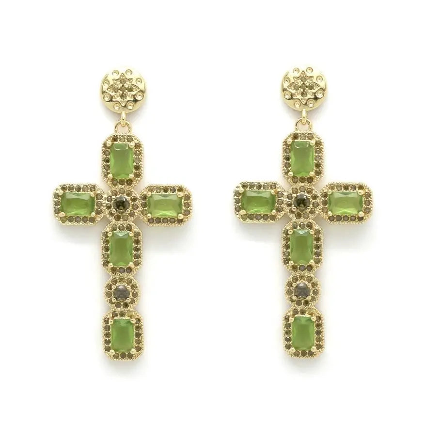 Boucles d'Oreilles Croix Strass vert NOE