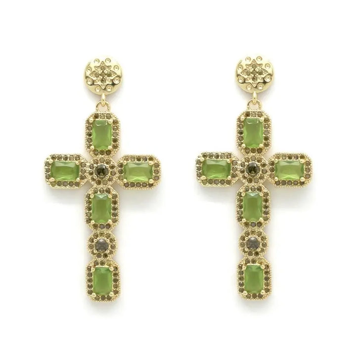 Boucles d'Oreilles Croix Strass vert NOE
