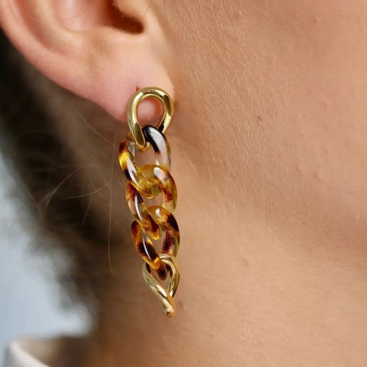 Boucles d’oreilles chaine maille résine portées aux oreilles.