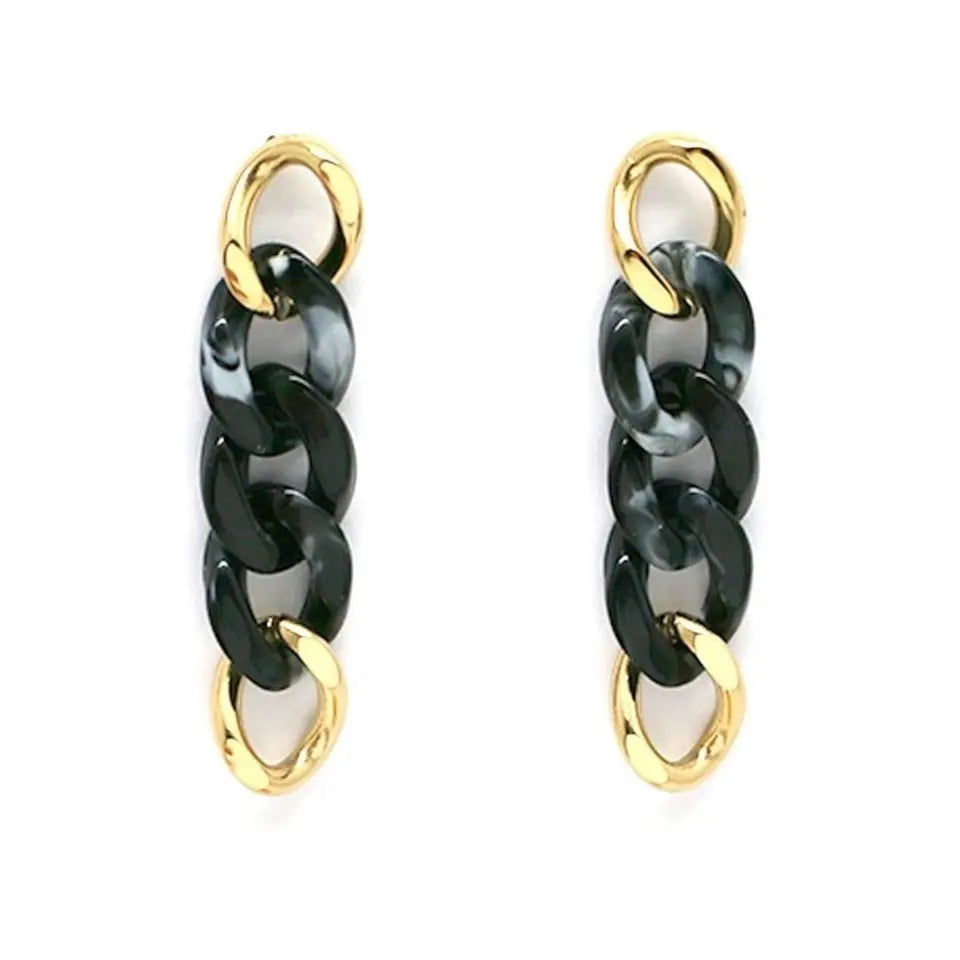 Boucles d’oreilles chaine maille résine noir.