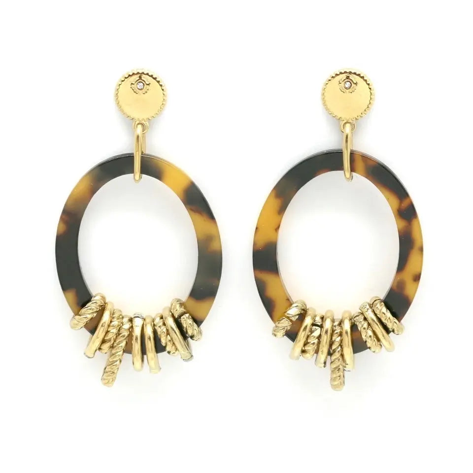 Boucles d’oreilles ovales en résine léopard et acier inoxydable doré