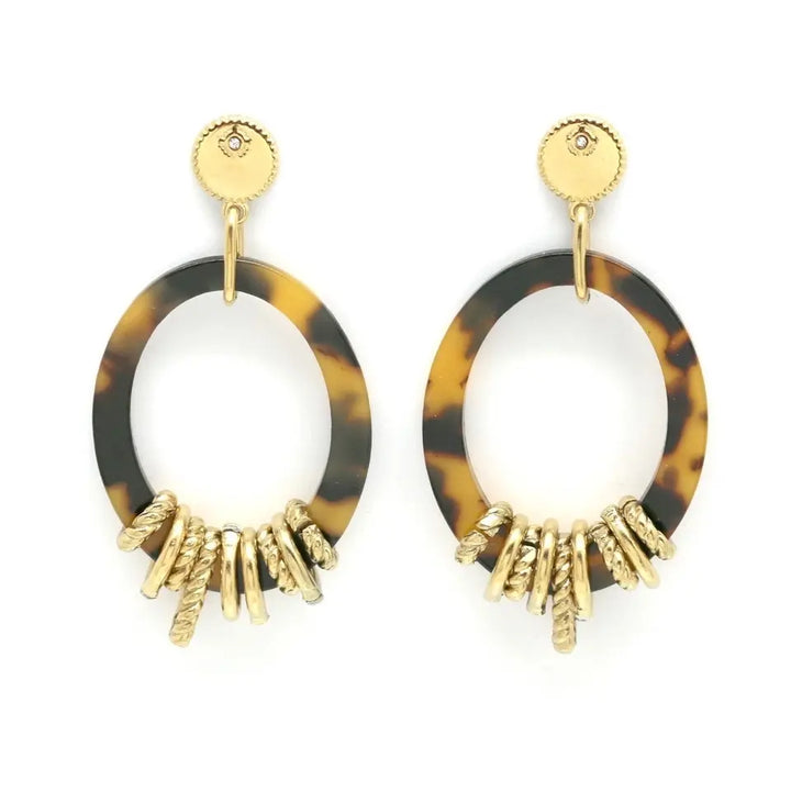 Boucles d’oreilles ovales en résine léopard et acier inoxydable doré