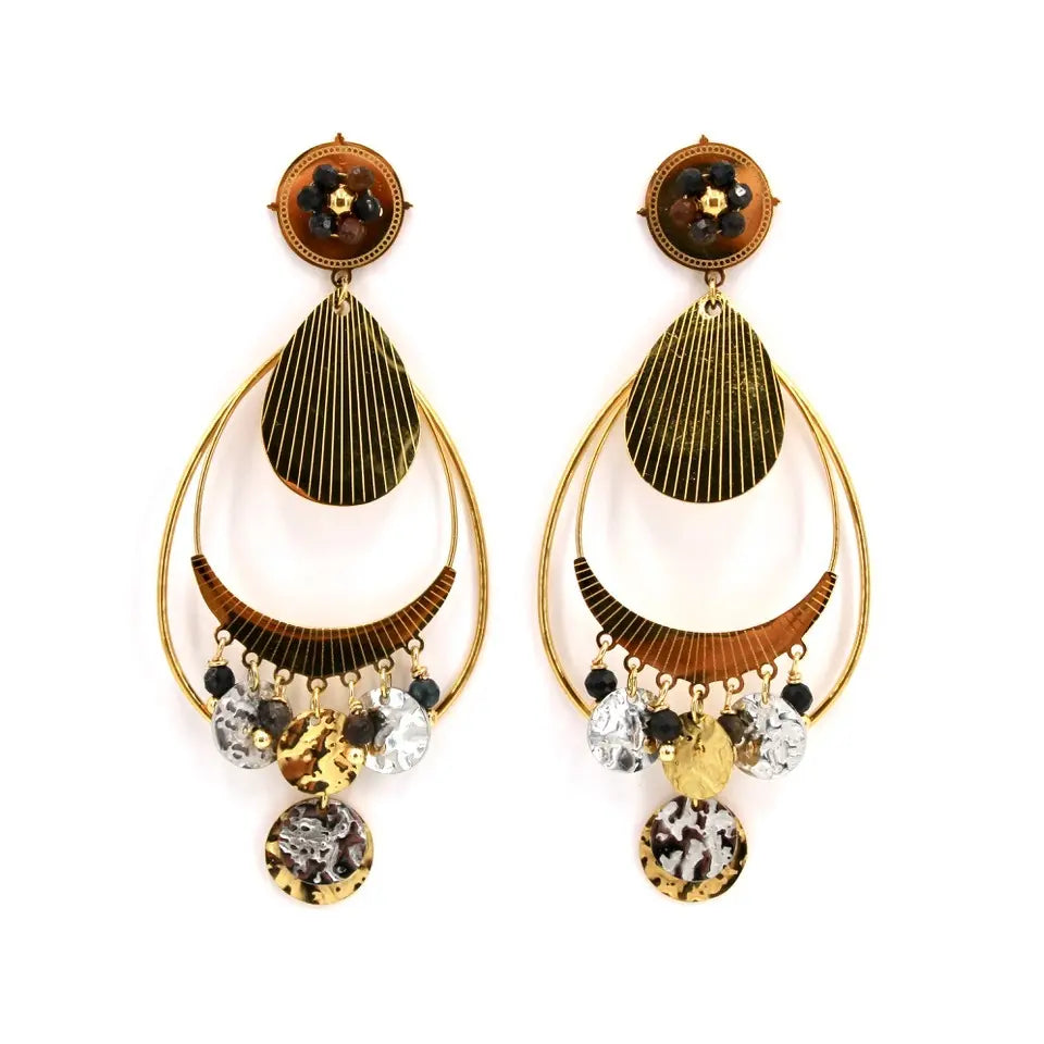 Boucles d'oreilles pendantes à pampilles en acier inoxydable doré et argenté ornées de pierre naturelle onyx