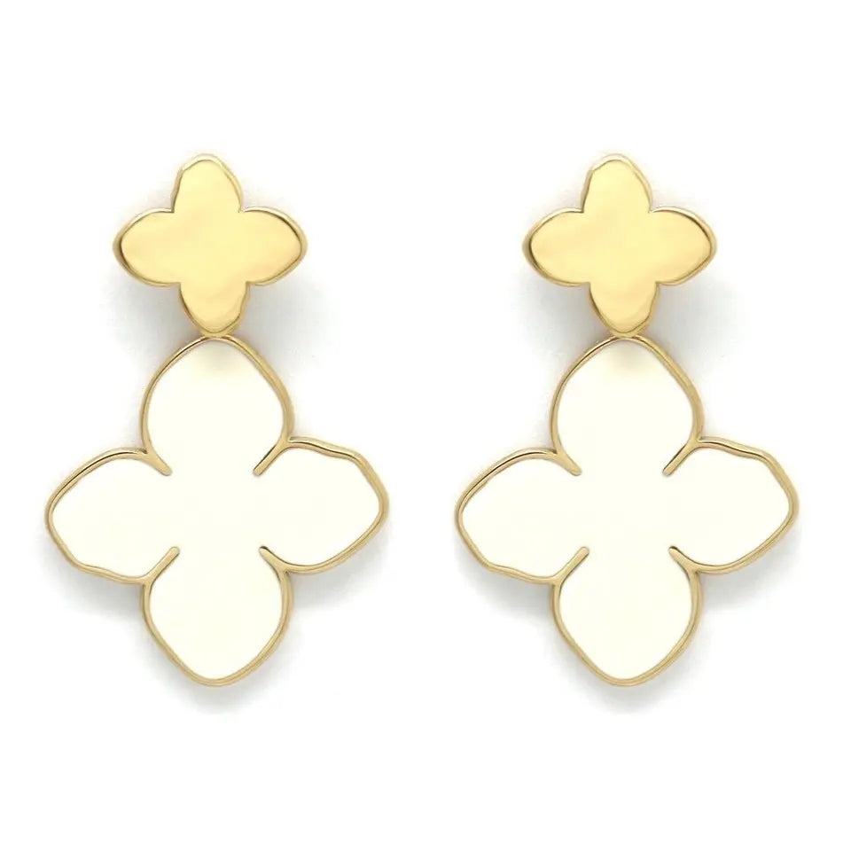 Boucles d’oreilles pendantes double trèfles blanc en acier inoxydable