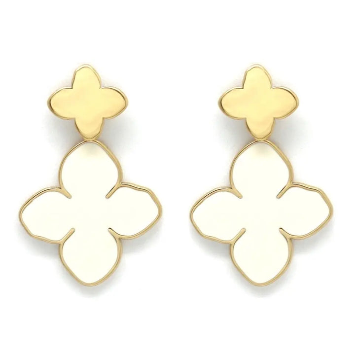 Boucles d’oreilles pendantes double trèfles blanc en acier inoxydable