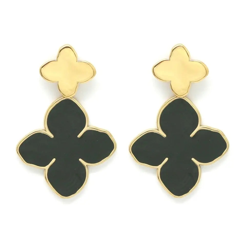 Boucles d’oreilles pendantes double trèfles noir en acier inoxydable