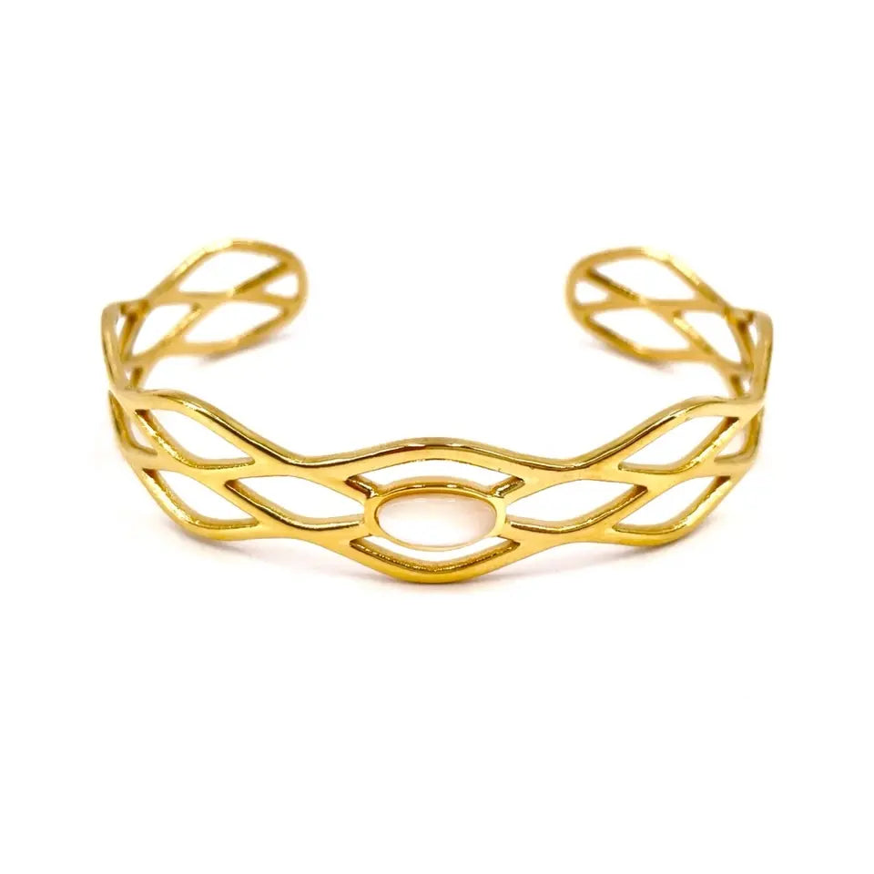 Bracelet jonc ajouré en acier inoxydable ajustable aux motifs géométriques orné d'une nacre
