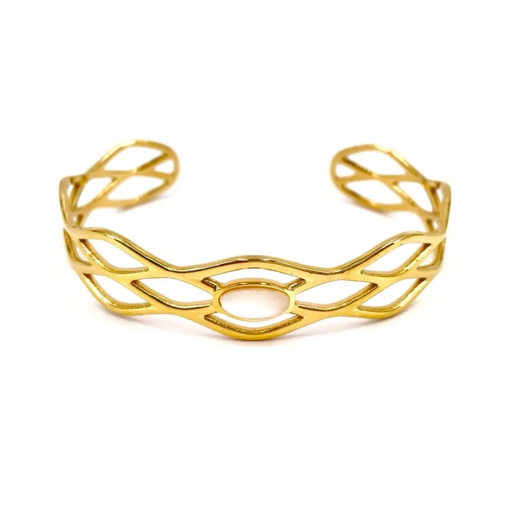Bracelet jonc ajouré en acier inoxydable ajustable aux motifs géométriques orné d'une nacre