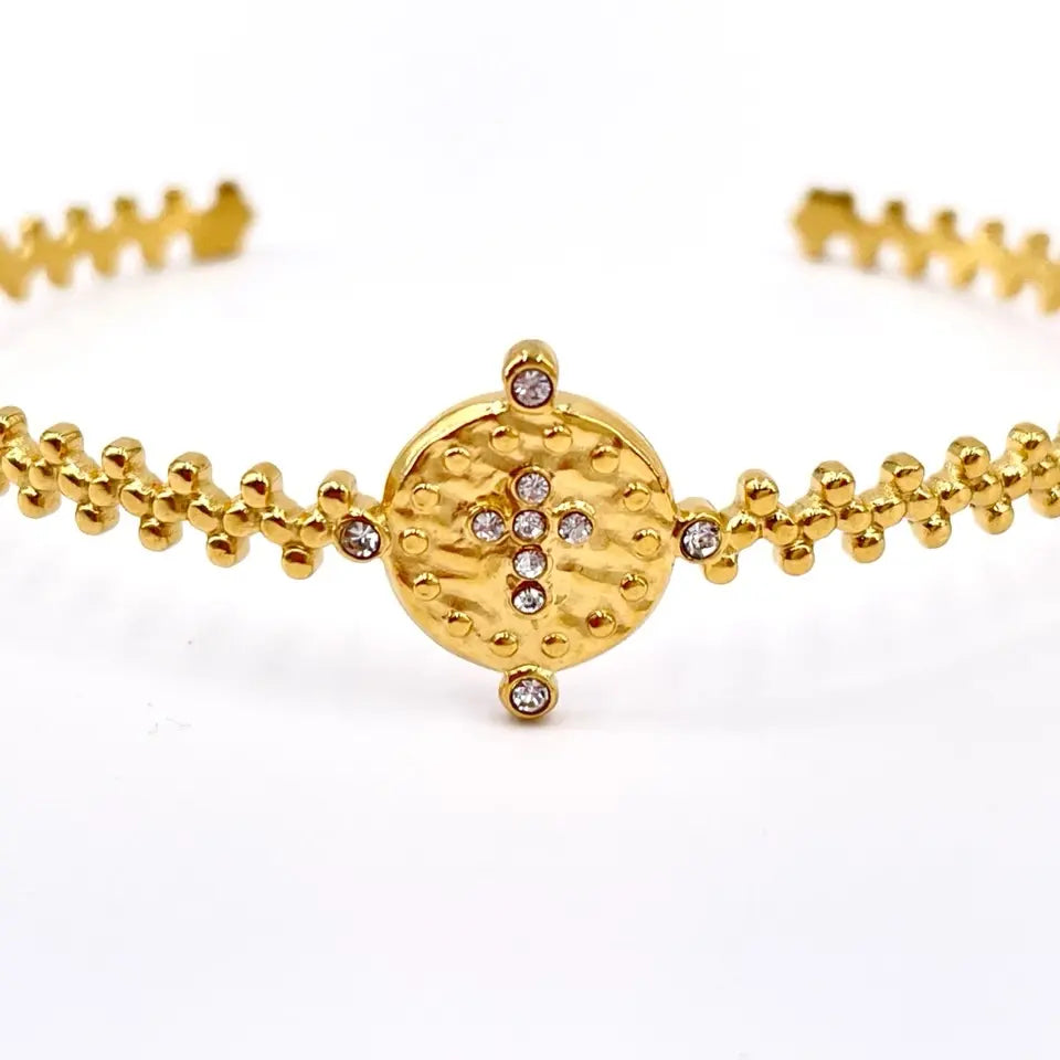 Bracelet jonc croix ajustable en acier inoxydable doré ornée de strass 5