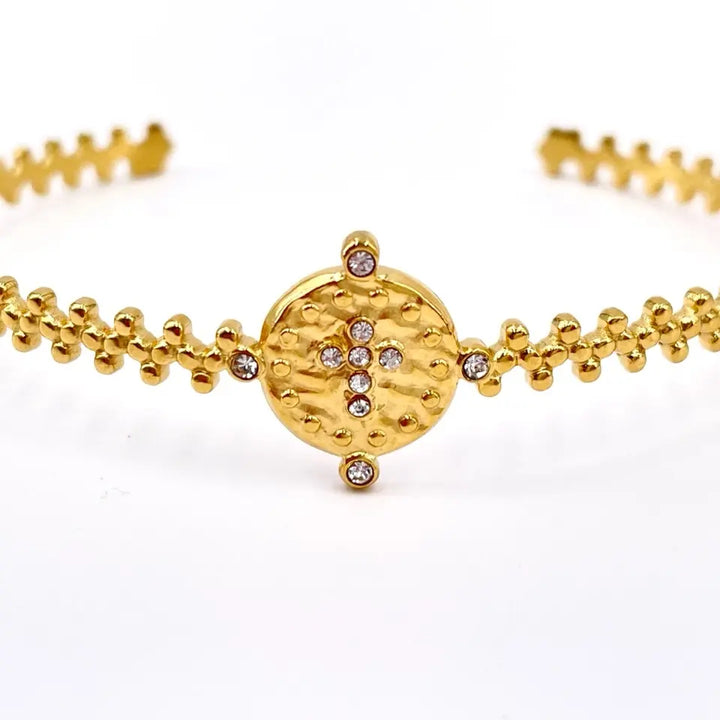Bracelet jonc croix ajustable en acier inoxydable doré ornée de strass 5
