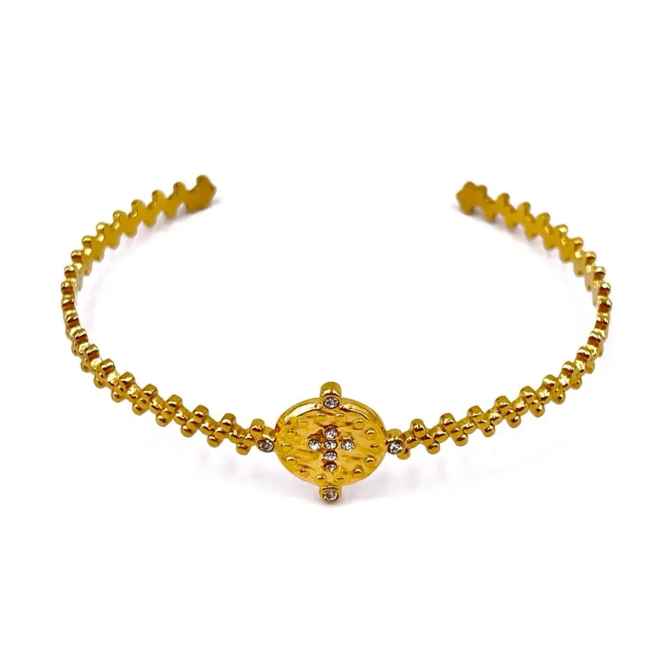 Bracelet jonc croix ajustable en acier inoxydable doré ornée de strass