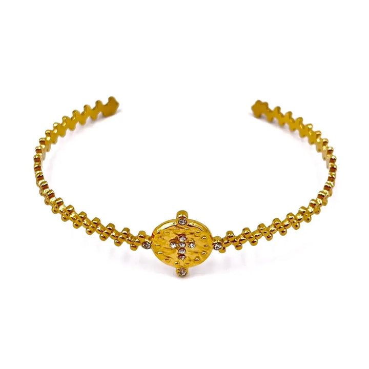 Bracelet jonc croix ajustable en acier inoxydable doré ornée de strass