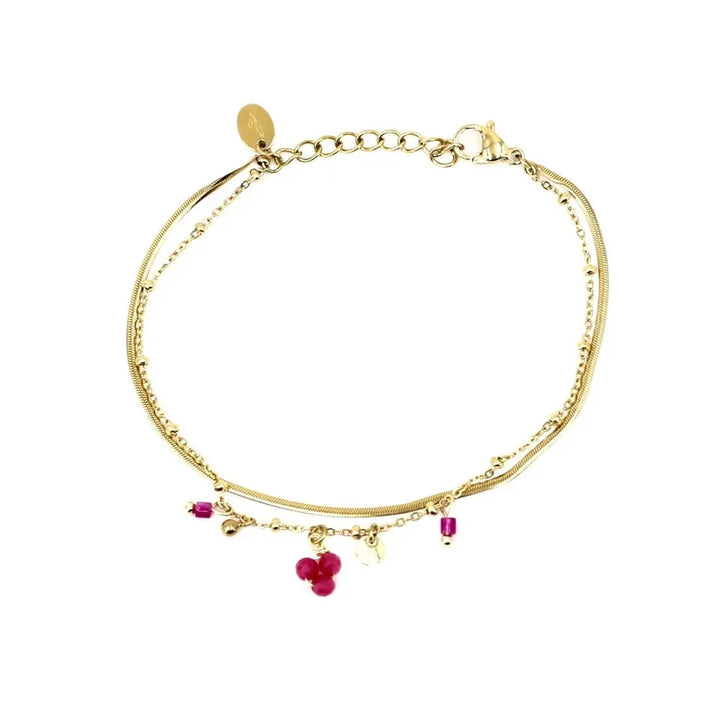 Bracelet 2 rangs composé d'une chaîne en maille serpent et d’une chaine en maille fine avec des perles en acier inoxydable ainsi que des pierres d’Agate