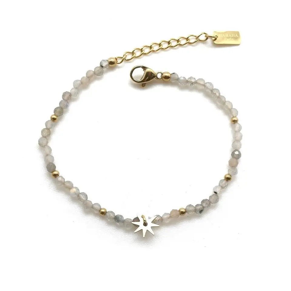 Bracelet en pierres labradorite et perles d’acier inoxydable avec un médaillon en forme d’étincelle