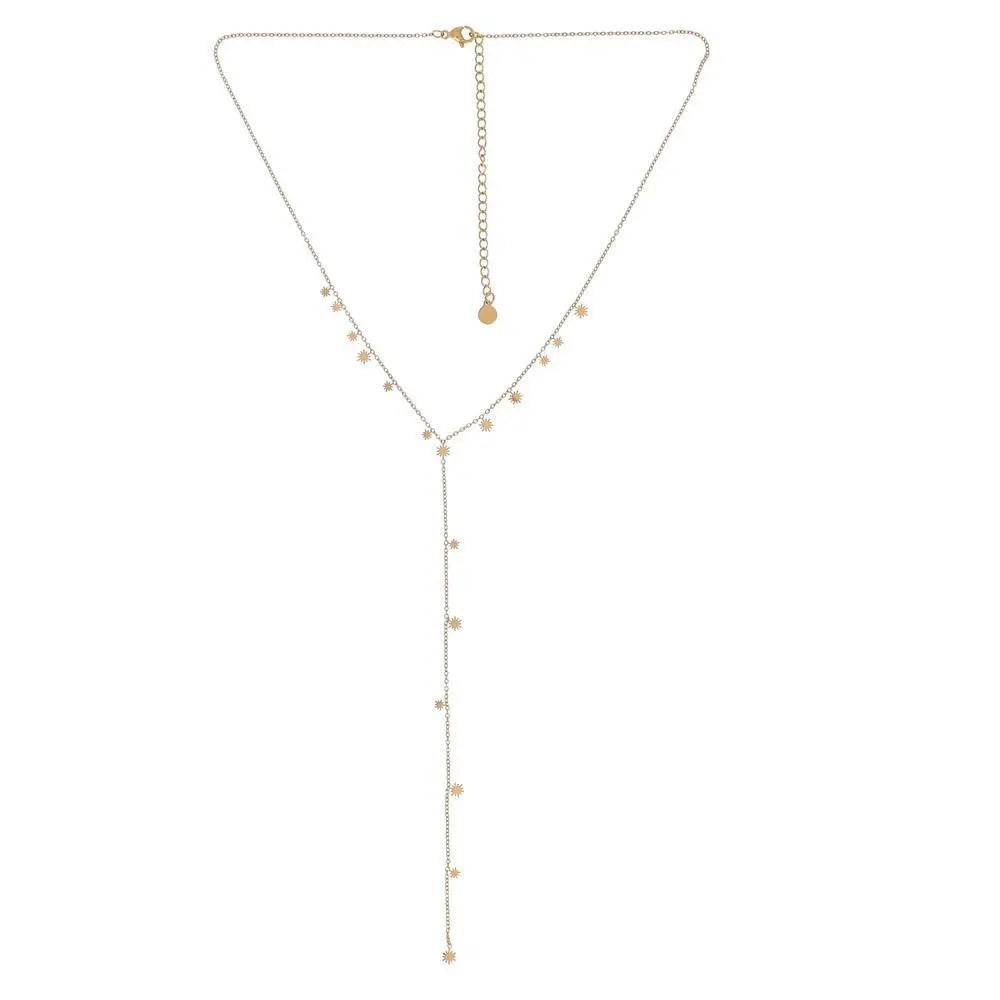 Collier en Y composé d'une chaîne fine avec mini-soleils en acier inoxydable doré