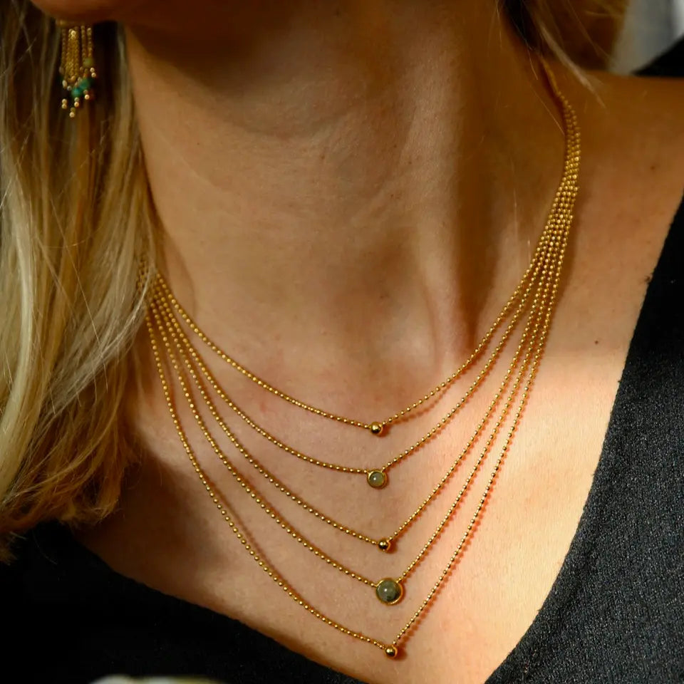 Collier cinq rangs composé de trois billes en acier inoxydable dorées et de deux pierres naturelles Labradorite porté au cou 2.