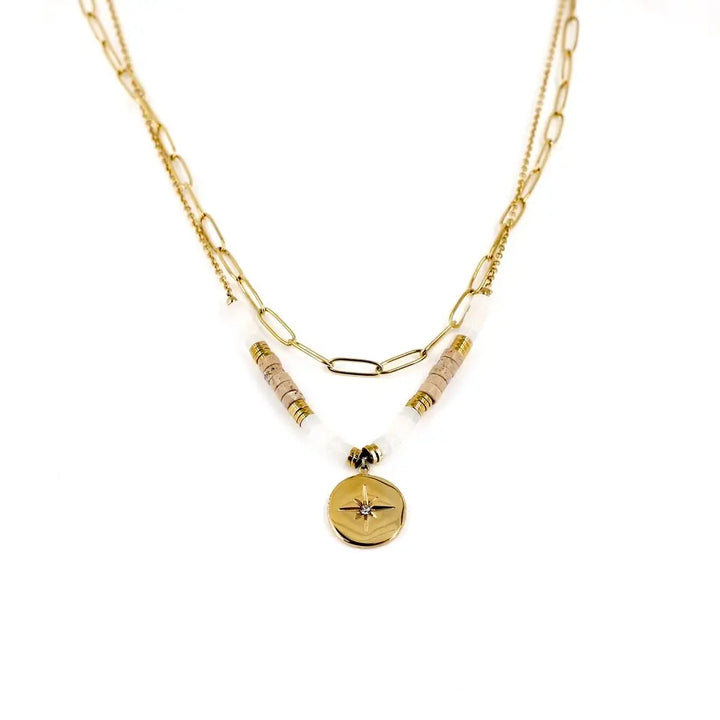 Collier double rang en acier inoxydable doré composé d’une chaine à maillon et d’une chaine fine