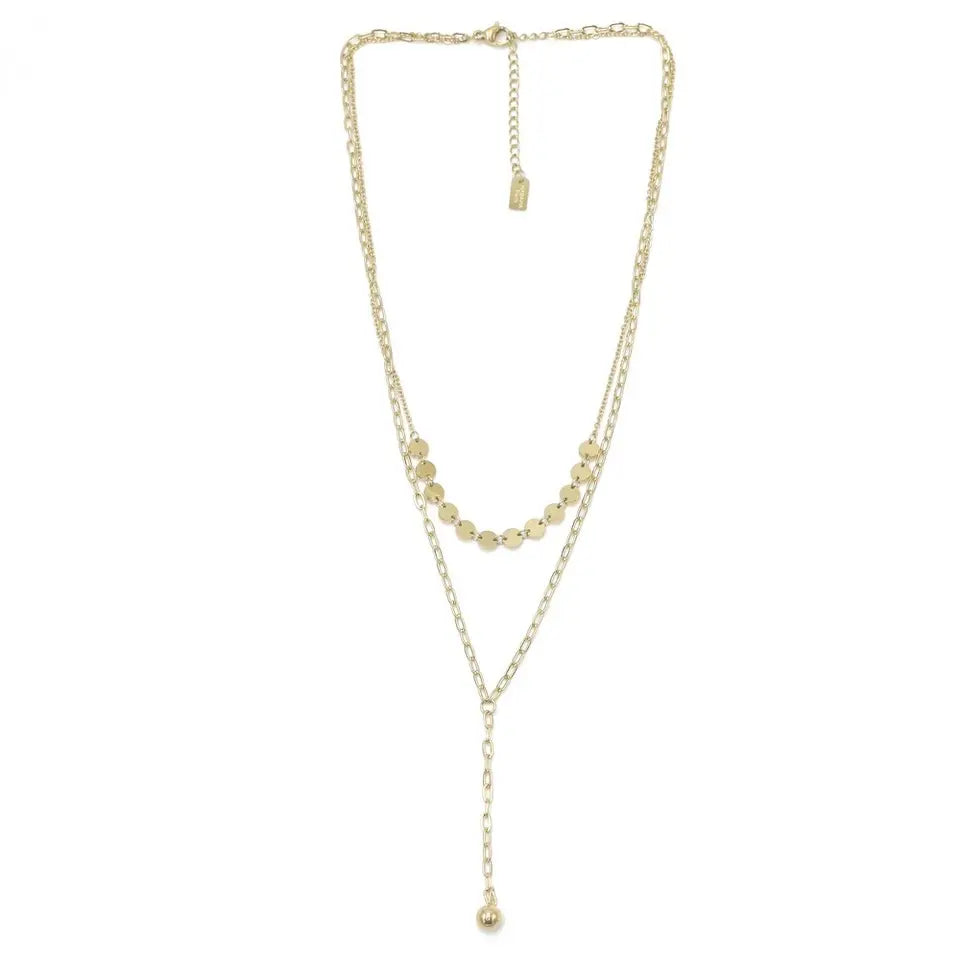 Collier double rang en acier inoxydable doré composé d’une chaine à maille avec un pendant en forme de boule et d’une chaine maille fine ornée de sequins