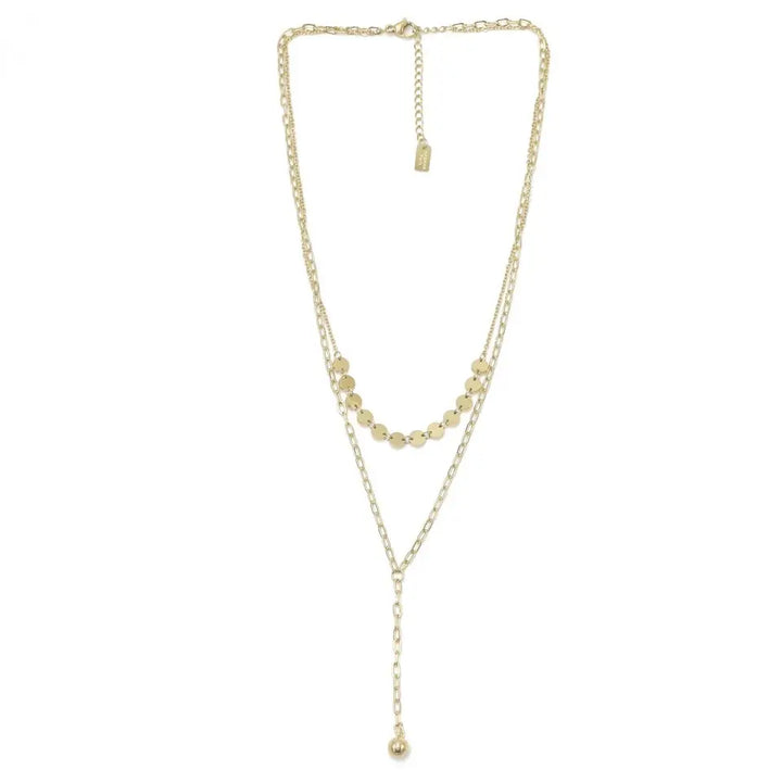 Collier double rang en acier inoxydable doré composé d’une chaine à maille avec un pendant en forme de boule et d’une chaine maille fine ornée de sequins