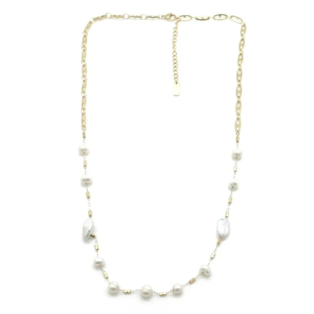 Collier perles d'eau douce maille d’ancre en acier inoxydable 2