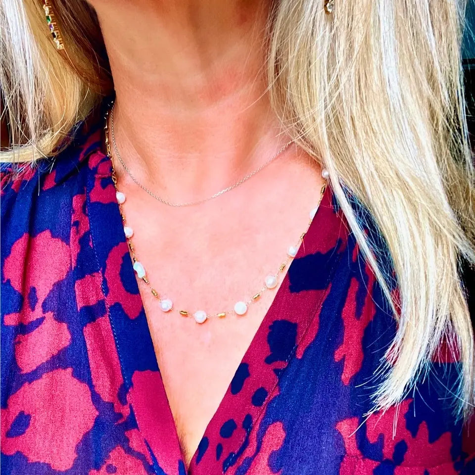 Collier perles d'eau douce maille d’ancre en acier inoxydable