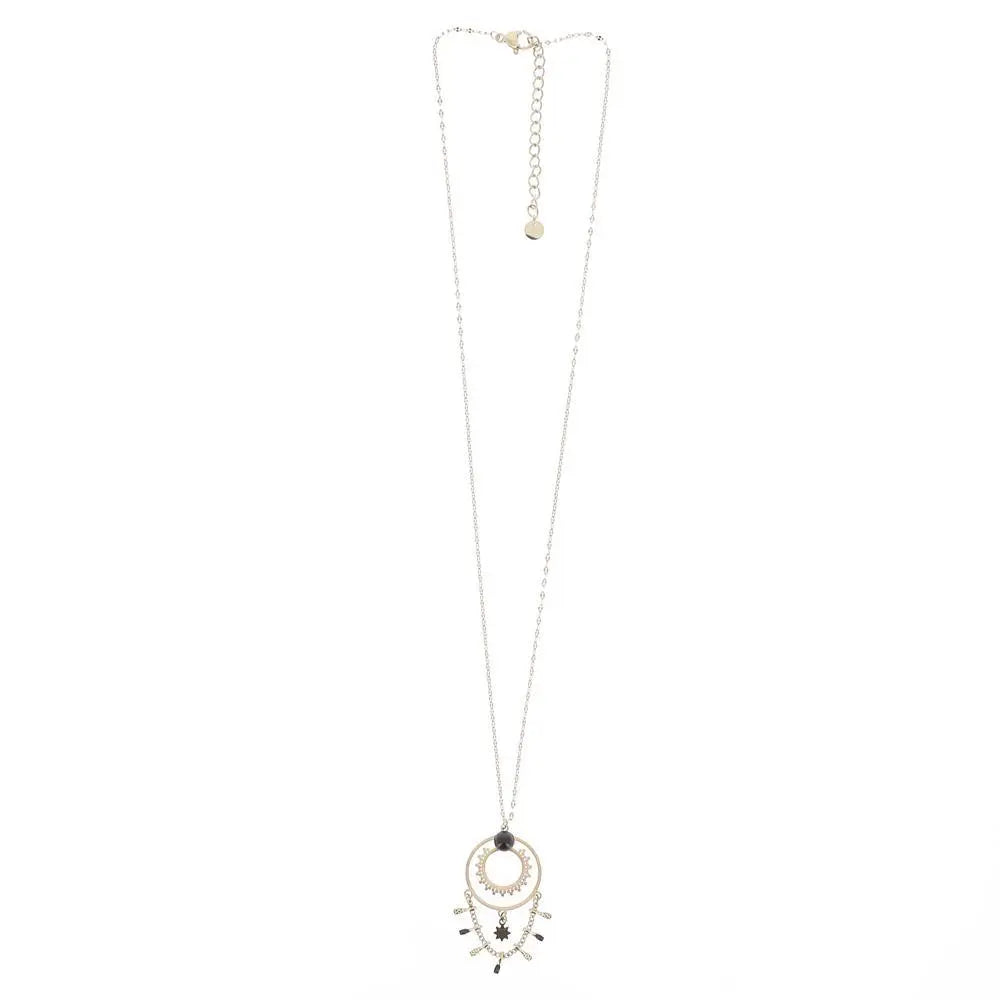 Collier Ras de Cou en acier inoxydable comprenant un pendentif géométrique en forme d’anneau avec émail et pierre naturelle dorée noire