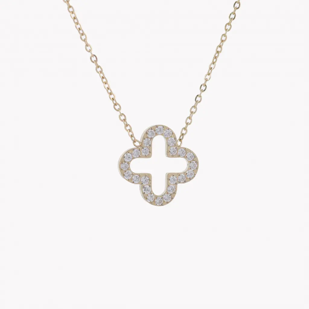 Collier ras de cou ROMY en acier inoxydable doré composé d’un médaillon en forme de trèfle ajouré orné de strass blanc 3