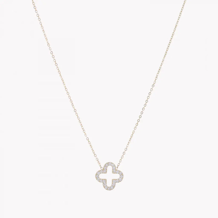 Collier ras de cou ROMY en acier inoxydable doré composé d’un médaillon en forme de trèfle ajouré orné de strass blanc 2