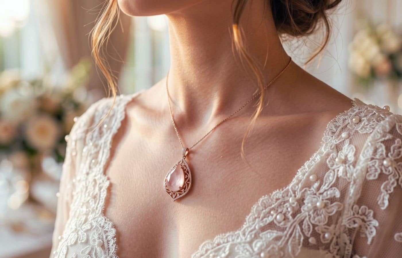 Quartz rose, pierre de l'amour portée par la mariée